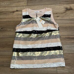 Women's Calvin Klein Sequin Stripe Tank Top SZ Small Pink Black Sparkle Blouse